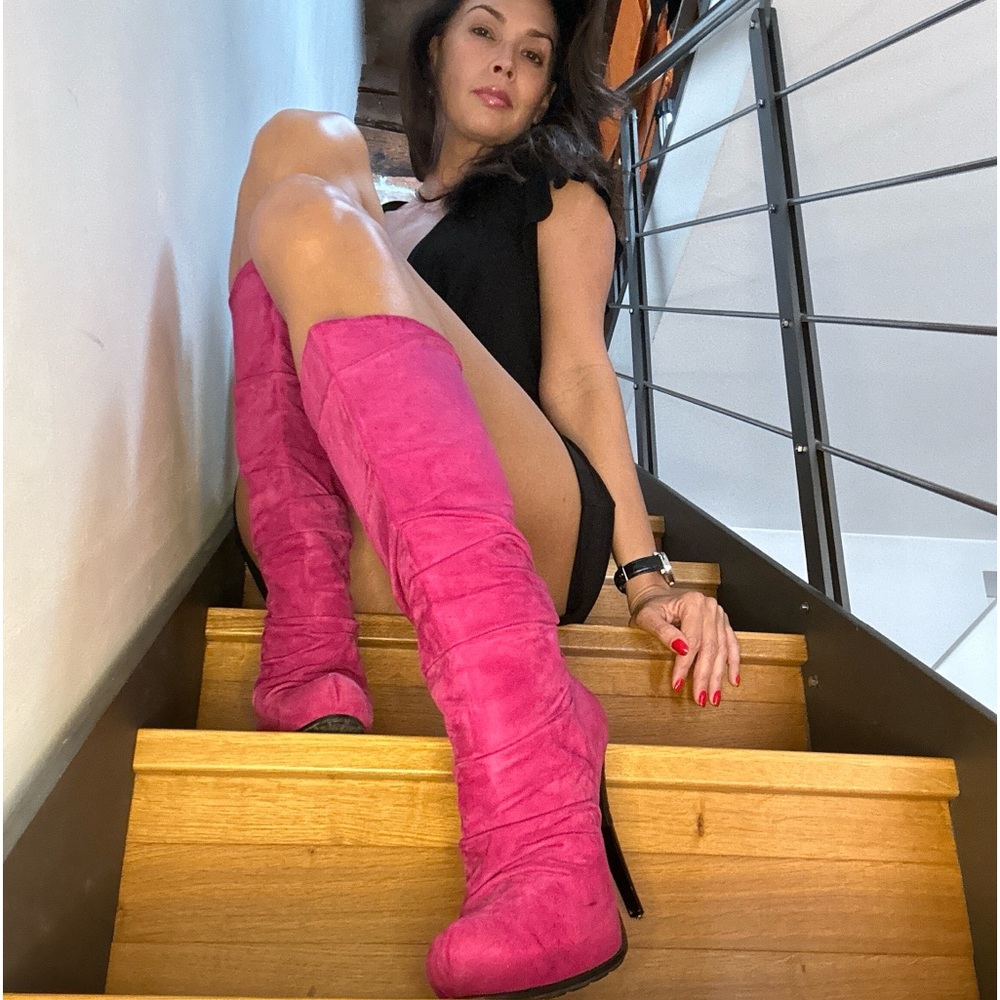 Hot pink suede mid calf boots